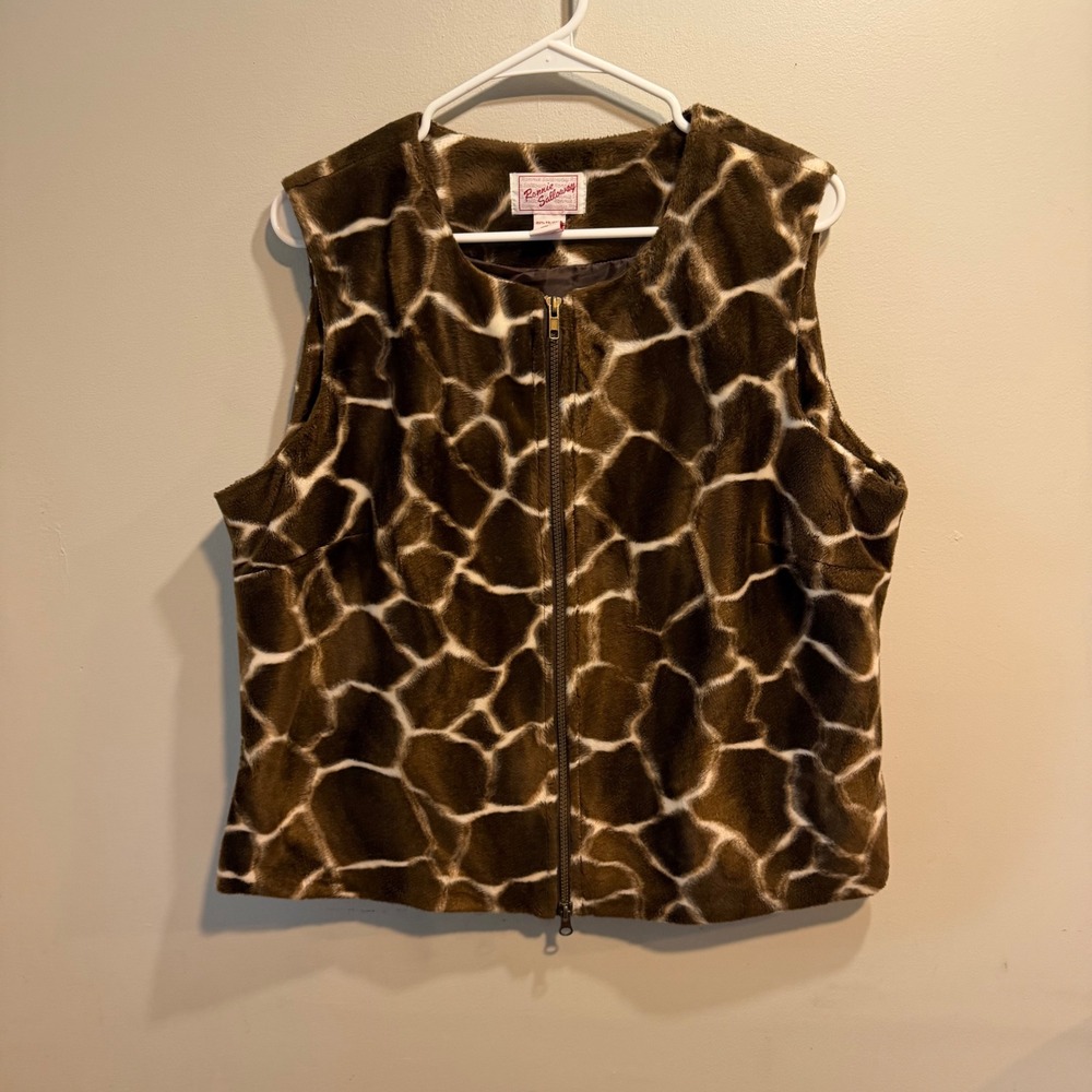 Ronnie Salloway Brown Giraffe Print Faux Fur Zip Up Vest Womens XL Animal Print